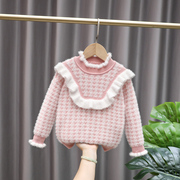 女童粉红色毛衣秋冬水貂绒，加厚貂毛套头洋气，中小儿童宝宝毛线外套