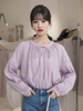 紫色长袖衬衫女士2023秋冬法式气质系带上衣，设计感泡泡袖衬衣