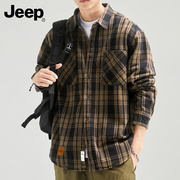 jeep吉普长袖衬衫男士春季潮流，美式工装寸衫纯棉，格子衬衣外套男装