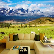 大自然风景壁画雪山草原，客厅沙发背景墙，壁纸云雾森林餐厅酒店墙布