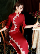 红色旗袍2022年气质，优雅名媛长款女复古中国风改良版连衣裙夏