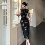 girlsat18新中式旗袍黑色，无袖连衣裙女早春高级性感，复古包臀长裙