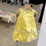 韩版童装2024女童连衣裙夏黄色(夏黄色，)儿童洋气时髦可爱蝴蝶结公主裙