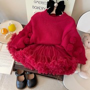 2024春装小儿童加厚酒红色套头针织衫韩版女童灯笼袖宽松毛衣