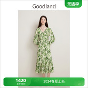 Goodland美地2024春绿色印花长裙v领法式气质真丝连衣裙
