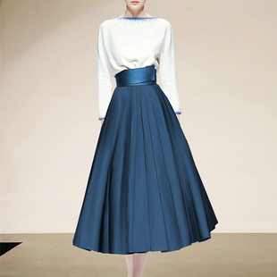 高定轻奢女装半身裙套装高级感原创秋高端时装蓝白长袖半裙两件套