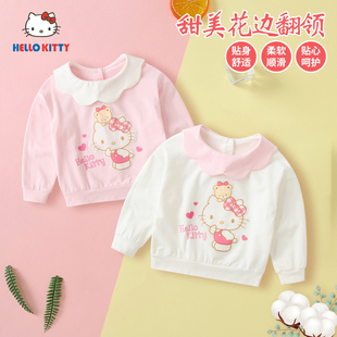 hellokitty女童春季长袖t恤宝宝，可爱卡通花边翻领，上衣洋气打底衫