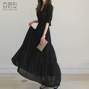 百洛安V领法式优雅短袖连衣裙女2024夏仙气蛋糕裙黑色长裙子