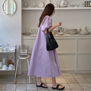 法式香芋紫长款连衣裙女夏季宽松V领灯笼袖显瘦长裙百搭裙子