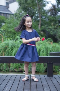 高支棉2024女童蓝色海军风连衣裙，儿童短袖夏季公主裙薄款宝宝裙子