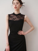 ron优雅气质蕾丝拼接连衣裙，2024夏季小众设计黑色无袖中长裙