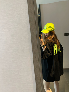 已定韩国夏季男女同款盖臀，oversize大版荧光黄绿色(黄绿色)大码宽松t恤