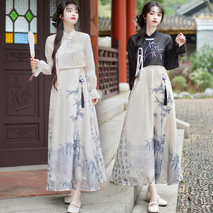 2024中式国风水墨竹，吊带连衣裙搭配汉元素，刺绣立领衫两件套