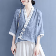 中国风上衣蕾丝斜襟盘扣开衫，七分袖衬衫女假两件棉麻夏季文艺茶服