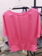 小夏品牌撤柜折扣女装通勤时尚丽人荧光粉红缎面短袖上衣