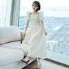 miuco纯白色优雅长裙方领宫廷，泡泡袖褶皱，高腰气质连衣裙