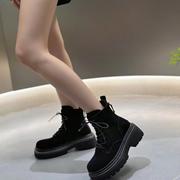 女鞋2024秋冬新款真皮粗跟英伦风马丁靴系带短靴黑帅气骑士靴复古