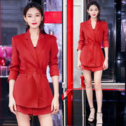 明星女款红色套装女时尚气质职业装系带韩版休闲韩版气质通勤西装