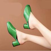 鱼嘴鞋半包拖鞋女时尚，外穿中跟绿色，凉鞋2024夏季粗跟高跟凉拖