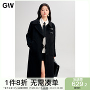 gw大码女装设计感显瘦绵羊毛，黑色呢大衣2024春冬微胖mm外套女