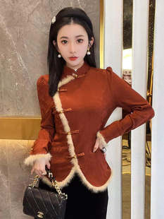 新中式国风加绒打底衫女冬装，2024水貂毛上衣今年流行漂亮小衫