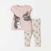 女童粉红兔子短袖，t恤打底裤套装夏季宝宝纯棉，上衣长裤两件套休闲