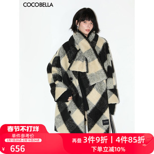 cocobella格纹长毛绒加厚毛呢外套，女秋冬设计感围巾大衣wl59