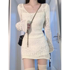 白色镂空长袖针织连衣裙子女，春季款法式气质，高级感包臀裙
