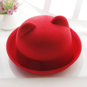 毛呢帽(毛呢帽)韩版秋冬帽，子女卷边猫耳朵，圆顶红色礼帽百搭男女情侣毡帽男