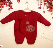 婴儿纯棉棉衣秋冬款加厚棉连体，纯手工可定制红色卡通印花图案