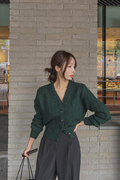 韩国东大门秋季2023女装复古麻花，墨绿色针织开衫