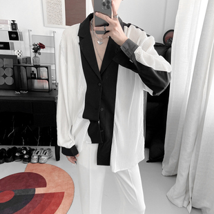 复得先生小香风黑白，拼色休闲长袖衬衣，男韩版高级感褶折垂感衬衫潮