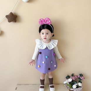 女童背带裙套装秋季婴幼童周岁娃娃领打底衫可爱毛球背心裙两件套