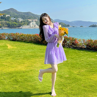 法式茶歇紫色连衣裙女春夏装，气质短款公主温，柔风高级感收腰仙女裙
