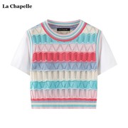 拉夏贝尔/La Chapelle夏条纹拼接针织衫女短袖假俩件T恤上衣