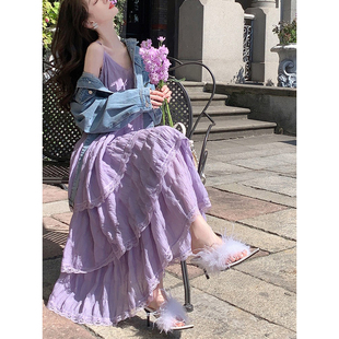 法式淡紫色吊带连衣裙女夏2024高级感海边度假蛋糕，裙雪纺长裙