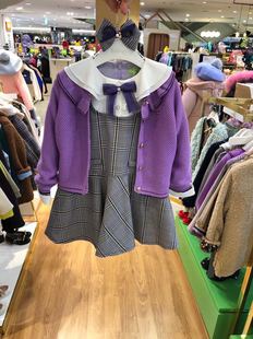 韩国中大童装秋女童英伦，风淑女假两件连衣裙，紫色毛衣开衫