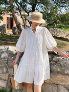 度假风连衣裙短裙女中袖法式白色衬衫裙2024春夏跨境外贸女装