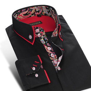 冬季男士衬衫修身双领长袖打底衫商务黑色免烫中国风衬衣潮jz