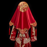 红盖头新娘结婚头纱复古红色，绣花缎面流苏刺绣，喜帕新娘红盖头
