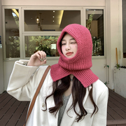 玫粉色套头毛线帽可爱针织，开叉帽子女士，秋冬巴拉克拉法帽脖套围巾