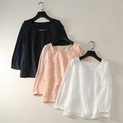 21545日本单~水钻圆领条纹，纱纯色七分袖雪纺衫，衬衫衬衣上衣女0.15