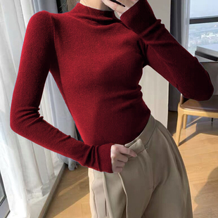 欧货半高领羊毛打底衫女春秋薄款修身内搭复古红毛衣洋气针织上衣