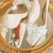 银色婚鞋新娘鞋主婚纱礼服，水晶鞋2024年亮片伴娘，高跟鞋女细跟
