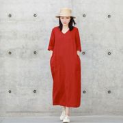 进口色织亚麻文艺范女装(范，女装)高端气质复古红色，v领连衣裙夏季宽松袍子
