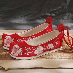 搭配汉服弓鞋子女古风内增高原创古代翘头古装绣花布鞋红色夏平底