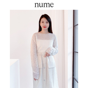 NUME设计师品牌浅蓝色蕾丝感马海毛圆领长袖针织衫女