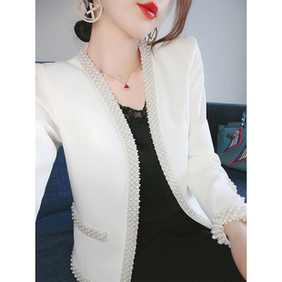 白色小香风外套女秋装2023年时尚，钉珠气质温柔风韩系v领上衣