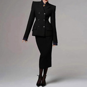 王妃同款设计感职业装双排扣西装外套黑色半裙显瘦OL通勤两件套装