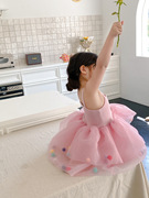 夏季女童中小童甜美可爱吊带裙，粉色儿童公主，裙球球纱裙3311